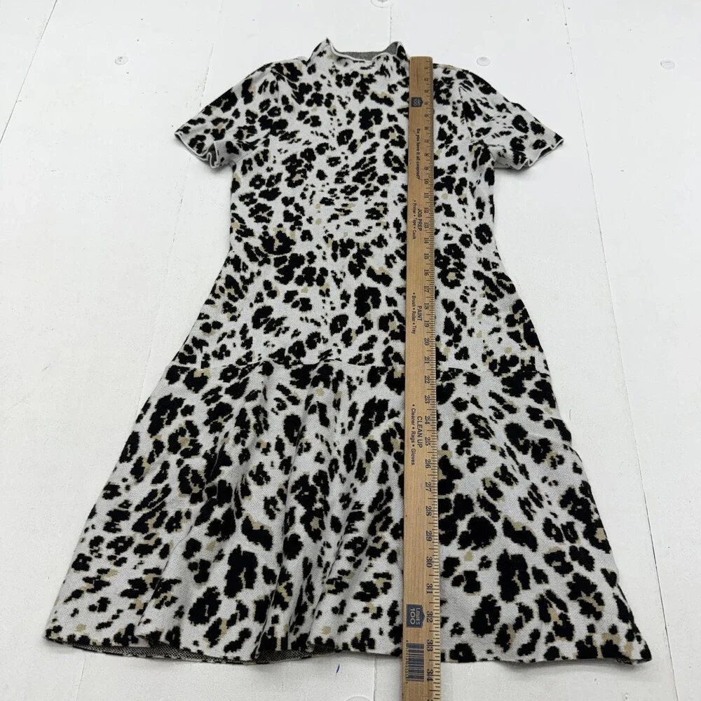 Scoop Sweater Dress Womens S White Leopard Print Mock Neck Short Sleeve Knit